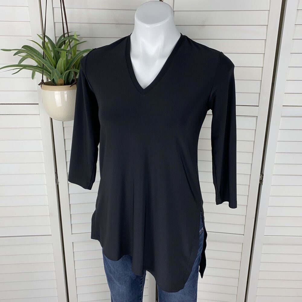 Sympli Canada Black Asymmetric Hem V Neck 3/4 Sleeve Tunic Top‎ Knit Size 6